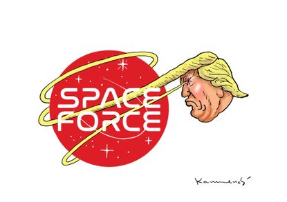 Political cartoon World Trump Space Force hair logo outer space