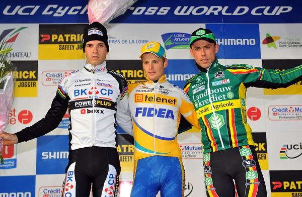 The men's Pont-Ch&acirc;teau podium: Niels Albert, Kevin Pauwels and Sven Nys