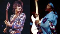 LEFT: Ron Wood onstage with Rod Stewart at Boston Garden May 1973, Boston. RIGHT: Jimi Hendrix circa 1969 