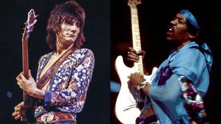 LEFT: Ron Wood onstage with Rod Stewart at Boston Garden May 1973, Boston. RIGHT: Jimi Hendrix circa 1969