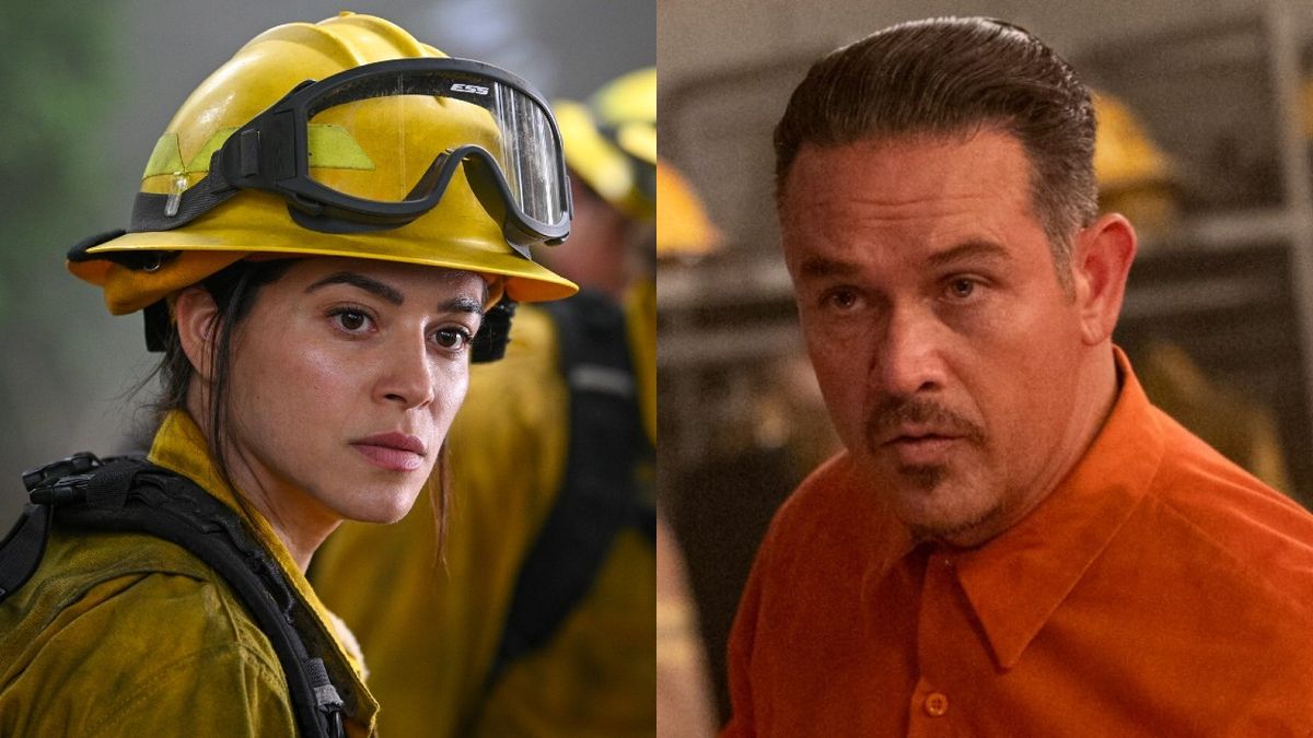 From left to right: Stephanie Arcila in a yellow hard hat looking intense and Kevin Alejandro in an orange button down looking seirous in Season 3 of Fire Country.