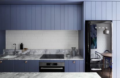 Blue kitchen with quartzite counters by Lisa Breeze