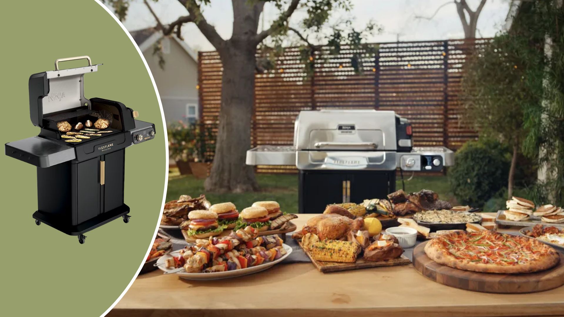 Two images of the Ninja FlexFlame Gas BBQ and Outdoor Cooking System: one on a green background and one of the grill behind a table full of different foods, spanning from BBQ dishes to pizzas