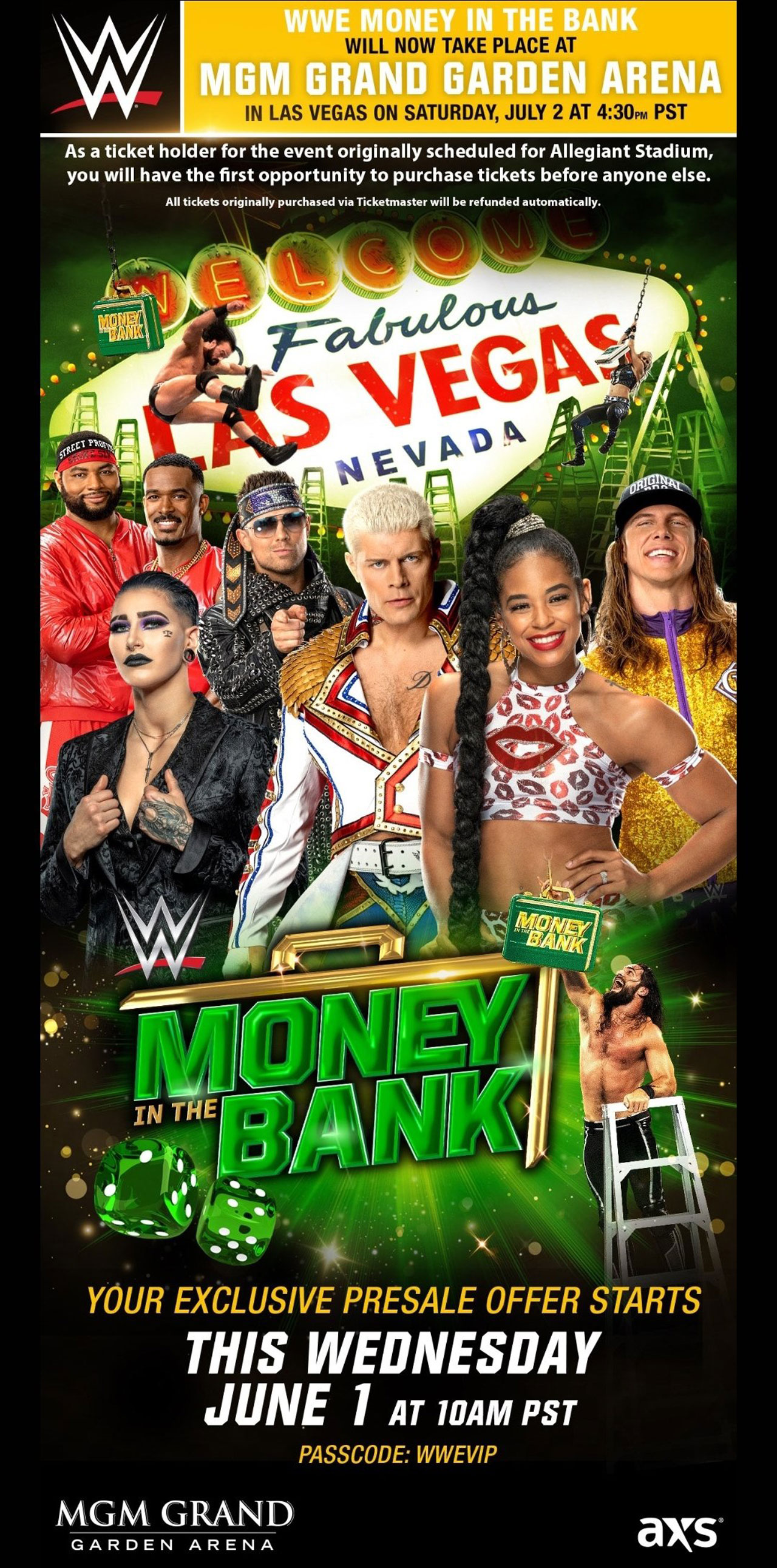 Poster for Money In The Bank with Cody Rhodes, Bianca Belair, Riddle, The Miz and more.