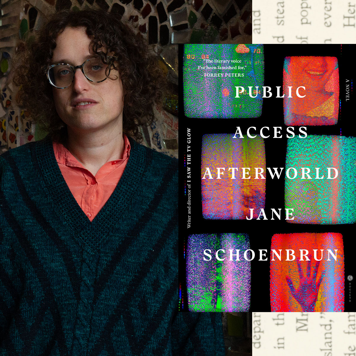 A portrait of filmmaker and author Jane Schoenbrun, next to the cover art for their debut novel 'Public Access Afterworld,' on a background of vertical text.