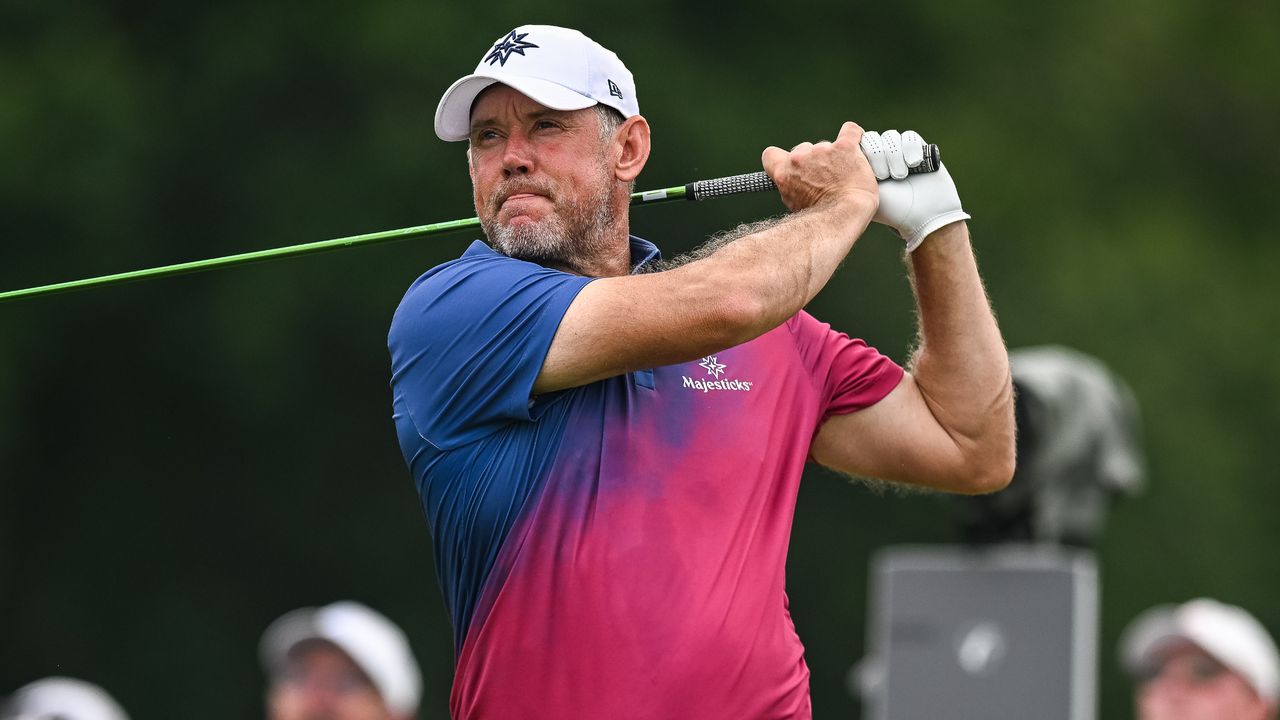 Lee Westwood takes a tee shot at LIV Golf Nashville