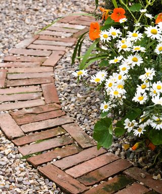 A narrow brick pathway laid in gravel