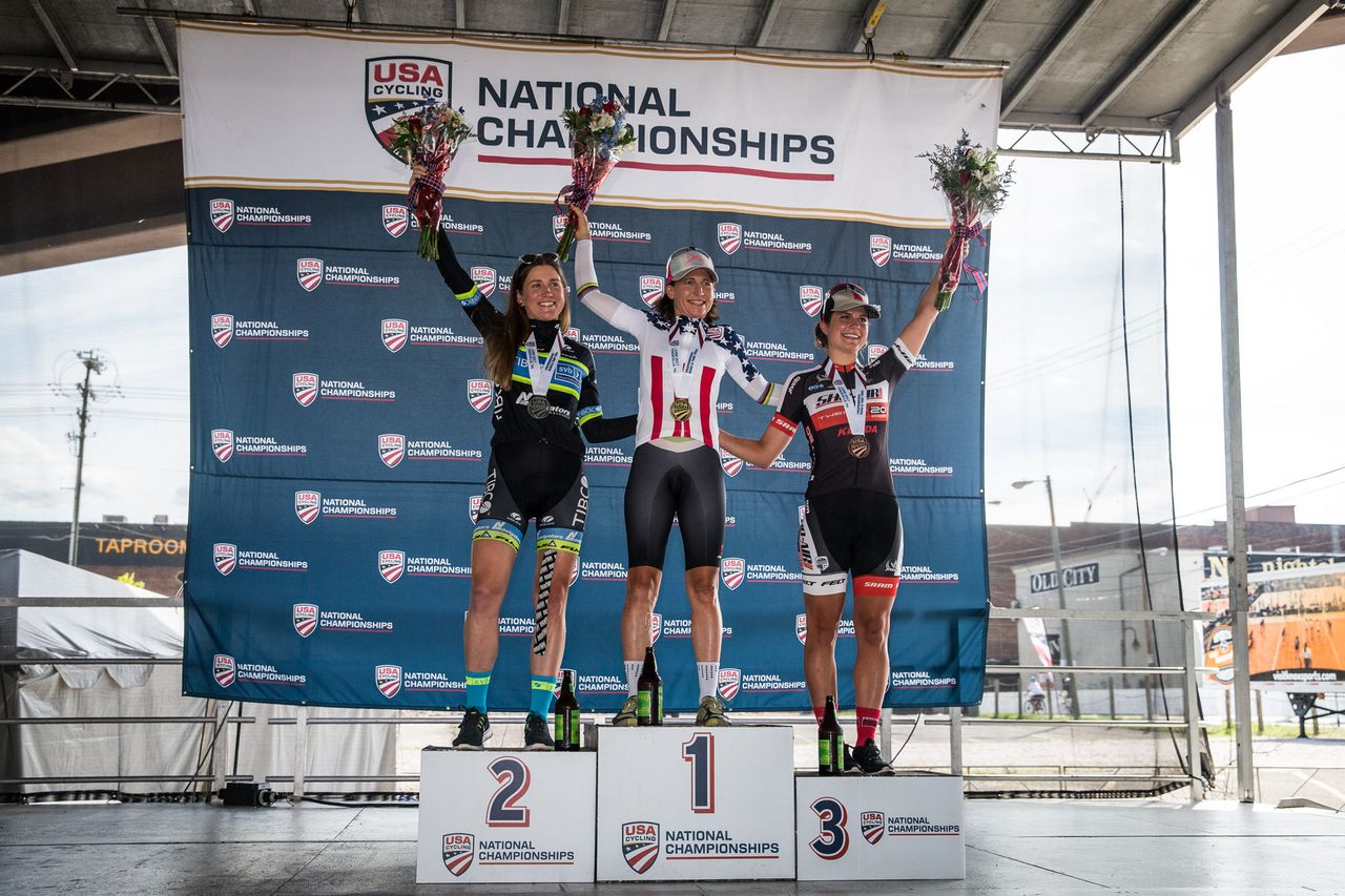 The top three for the womens TT: Lauren Stephens, Amber Neben and Leah Thomas.