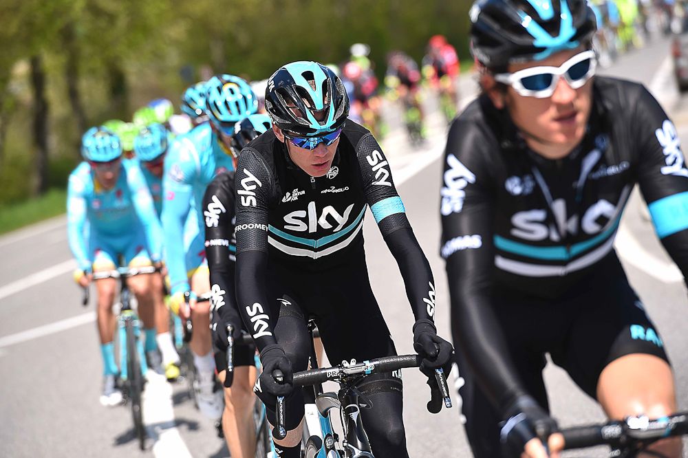 Chris Froome rides in the bunch during stage 4 at the Tour de Romandie