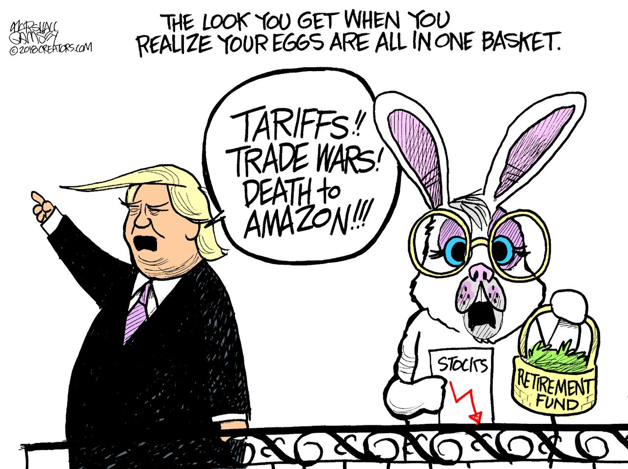 Political cartoon U.S. Trump trade war Amazon tariffs Easter bunny stock markets retirement