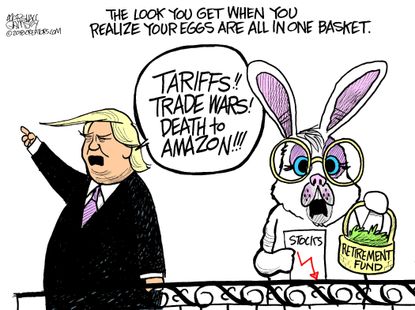Political cartoon U.S. Trump trade war Amazon tariffs Easter bunny stock markets retirement