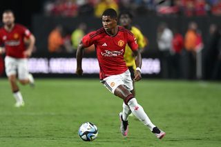 Marcus Rashford #10 of Manchester United dribbles the ball during a preseason friendly match against Borussia Dortmund at Allegiant Stadium on July 30, 2023 in Las Vegas, Nevada. (Photo by Candice Ward/Getty Images)