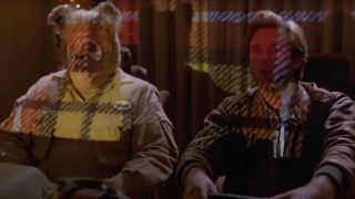 John Candy and Bill Pullman bathed in plaid light in Spaceballs.