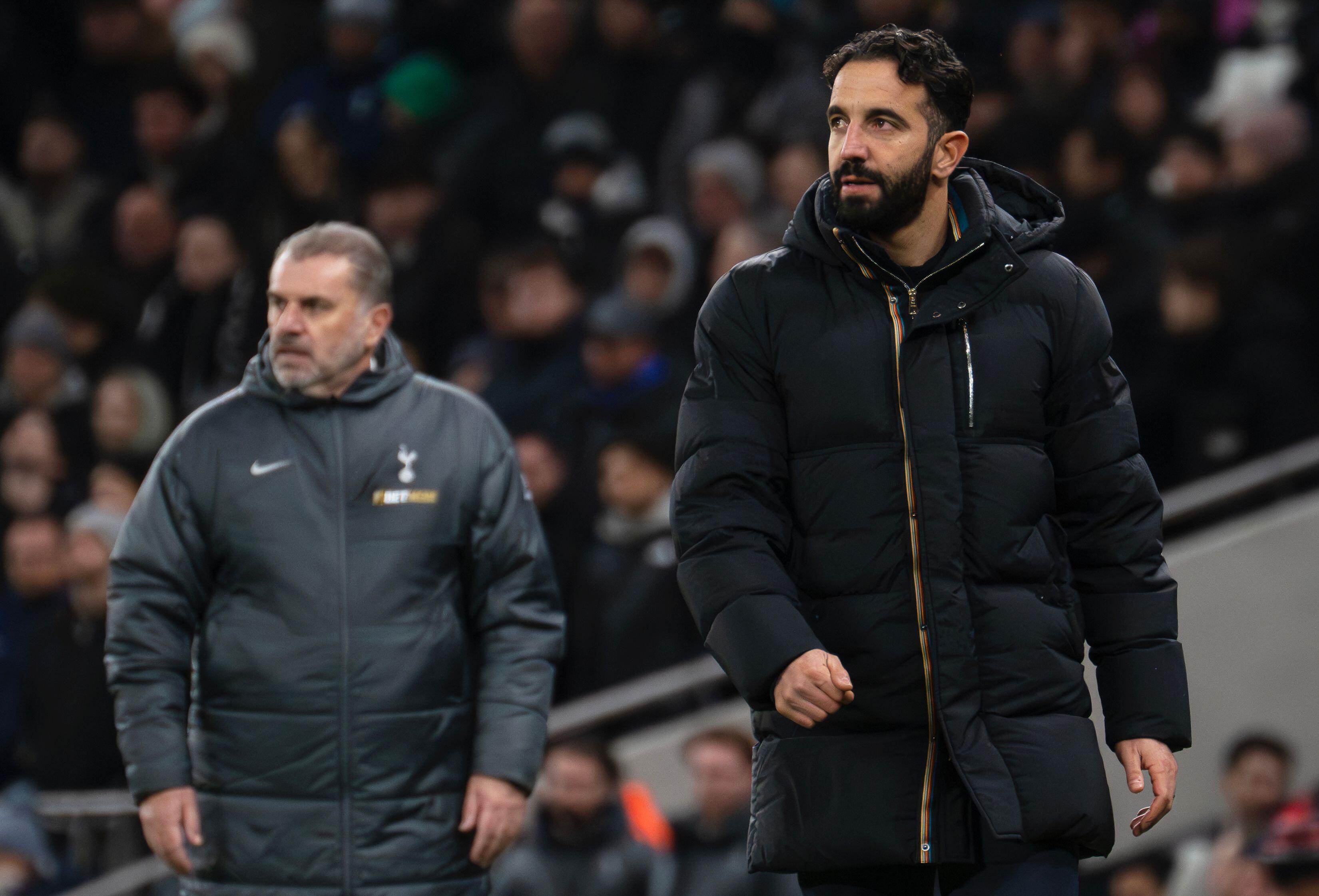 Tottenham head coach Ange Postecoglou and Manchester United head coach Ruben Amorim, December 2024