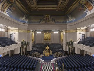 Grand Temple, looking towards the dais with its thrones, canopy and restored organ.