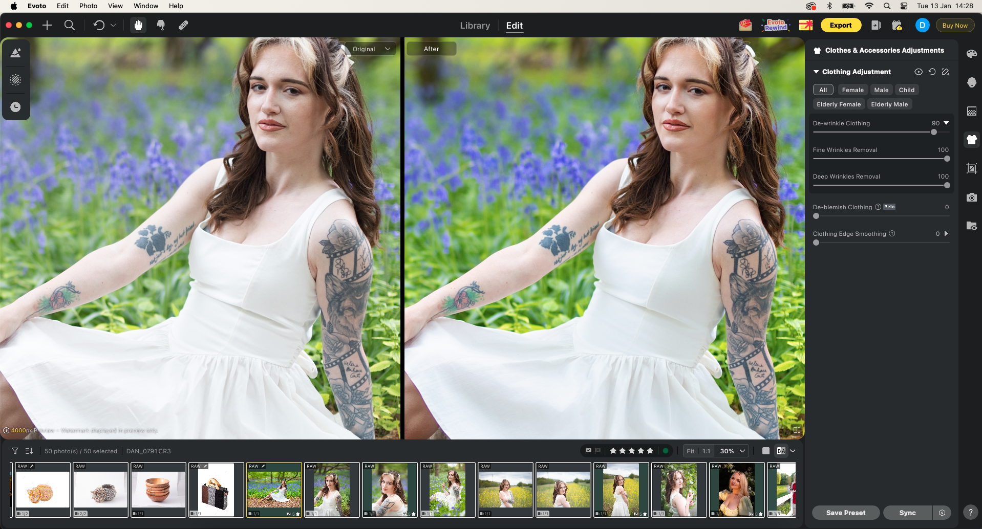 A portrait of a woman wearing a white dress in a field of bluebells. The image shows a screengrab from Evoto Desktop showing the powerful wrinkle remove tool being applied to the model's white dress