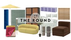 New summer 2026 IKEA arrivals, including a blue bookshelf, throw, yellow outdoor umbrella, teal rug, curved loveseat, storage chest, faux potted tree, and more, pictured against a white background
