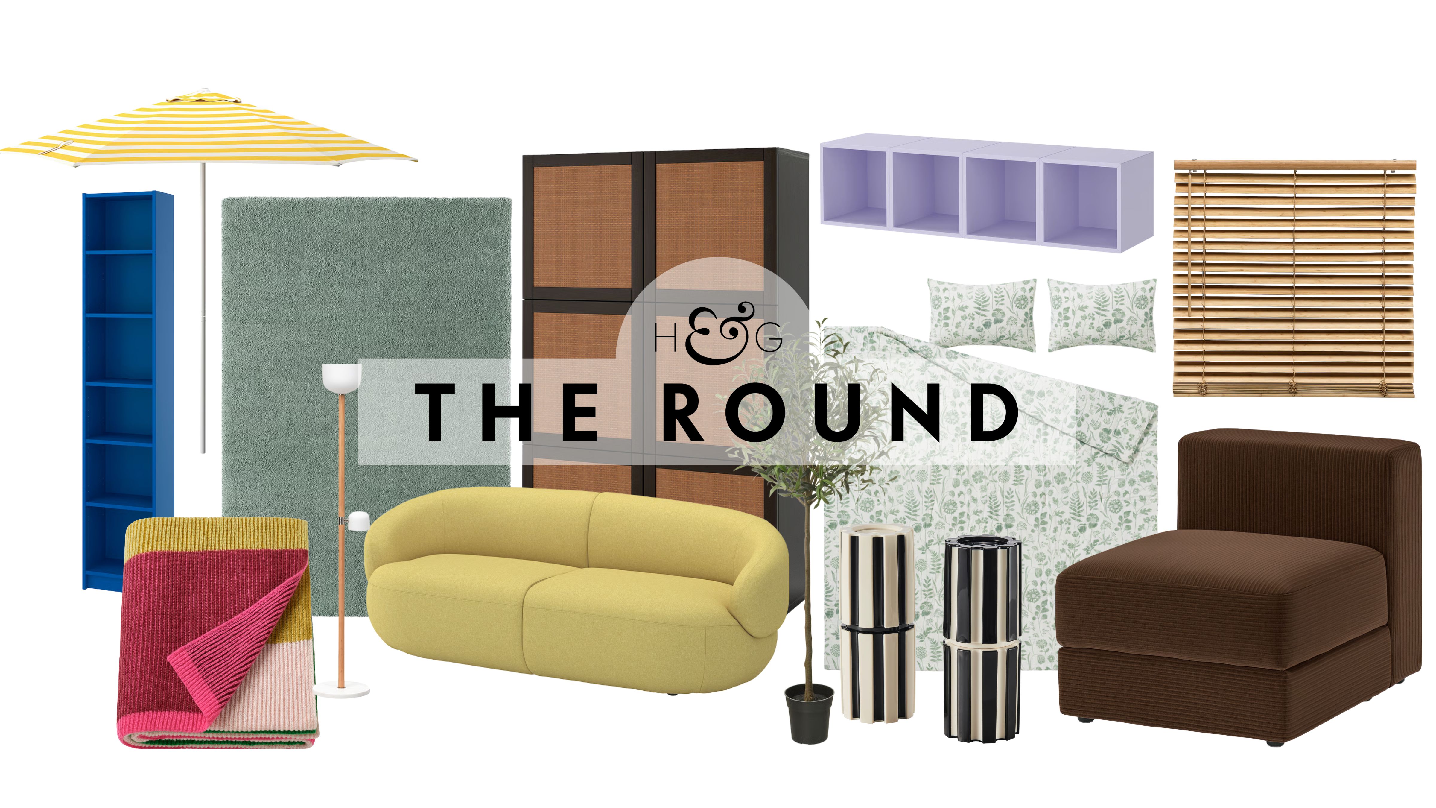 New summer 2026 IKEA arrivals, including a blue bookshelf, throw, yellow outdoor umbrella, teal rug, curved loveseat, storage chest, faux potted tree, and more, pictured against a white background