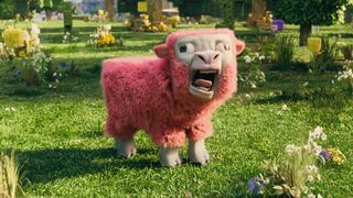 A pink sheep from the Minecraft movie standing in a green grassy field.