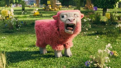 A pink sheep from the Minecraft movie standing in a green grassy field.