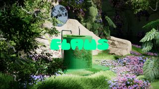 Flaus logo overlaid on a dreamy garden landscape