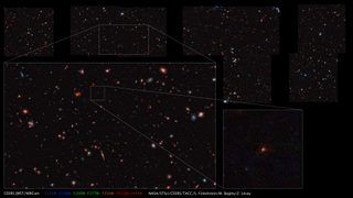 A mosaic of 690 frames taken by the James Webb Space Telescope's NIRCam instrument, shows a patch of sky near the Big Dipper. Inset boxes show particularly interesting features, including interacting galaxies and supernovas.