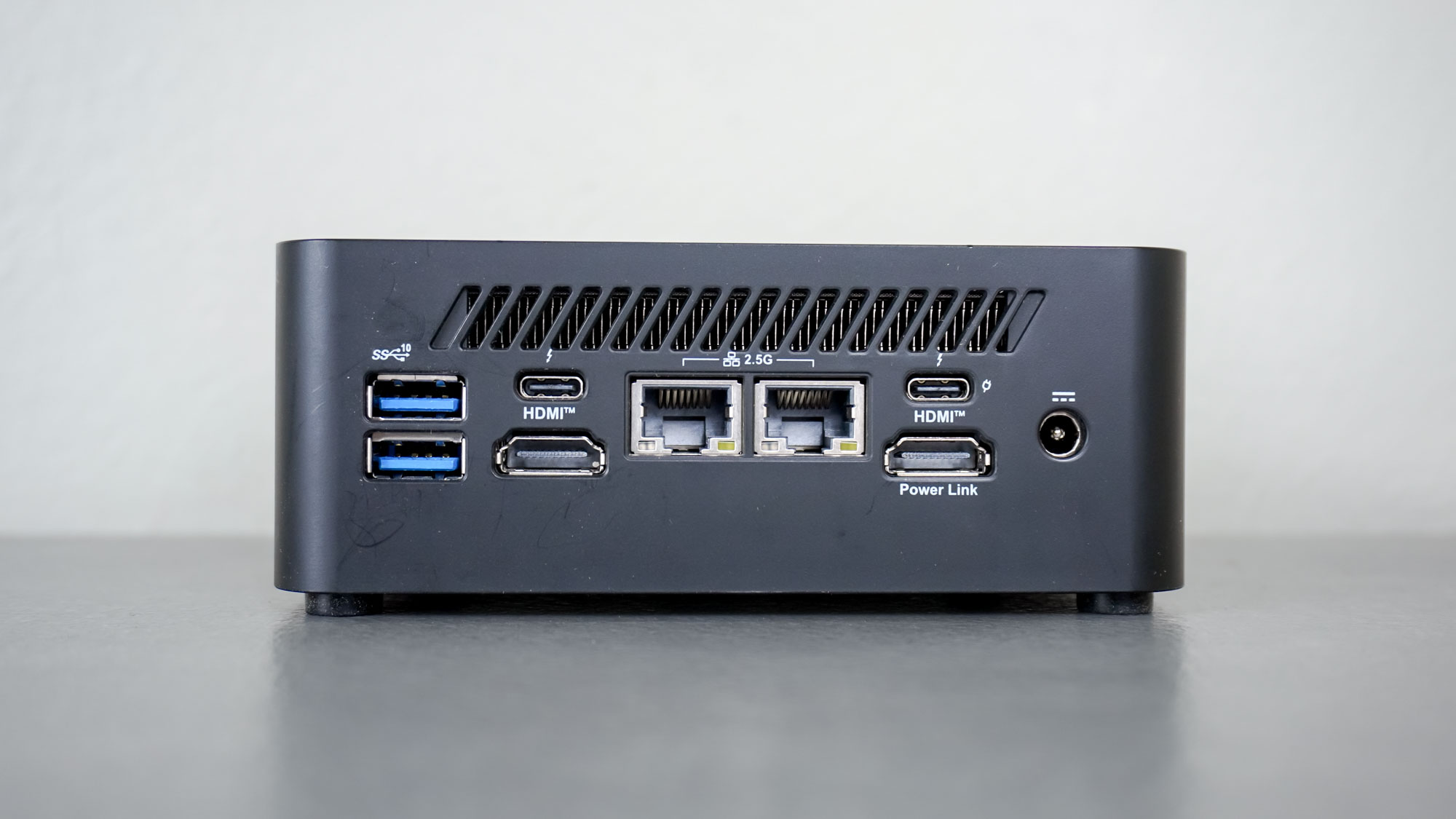 A close-up shot of the rear ports on the MSI Cubi NUC 1M mini PC