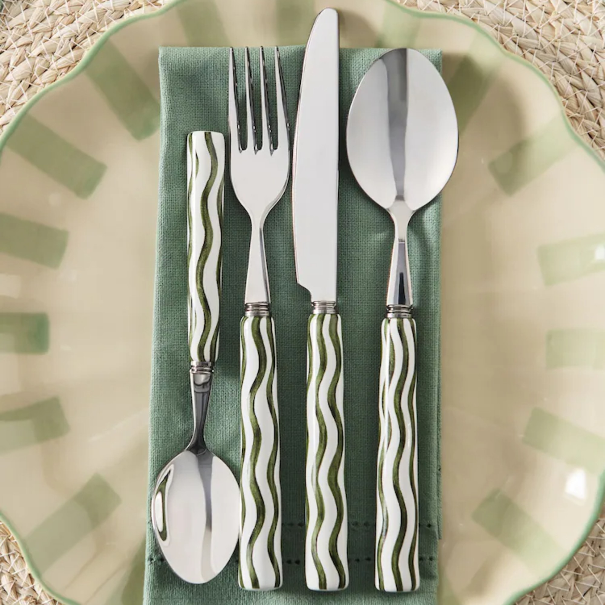 Next 16 Piece Green Ceramic Handle Wiggle Pattern Cutlery