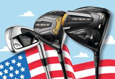 A selection of Callaway Preowned clubs in front of the US flag