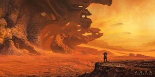 Dune Awakening concept art; a person stands on a red dusty planet