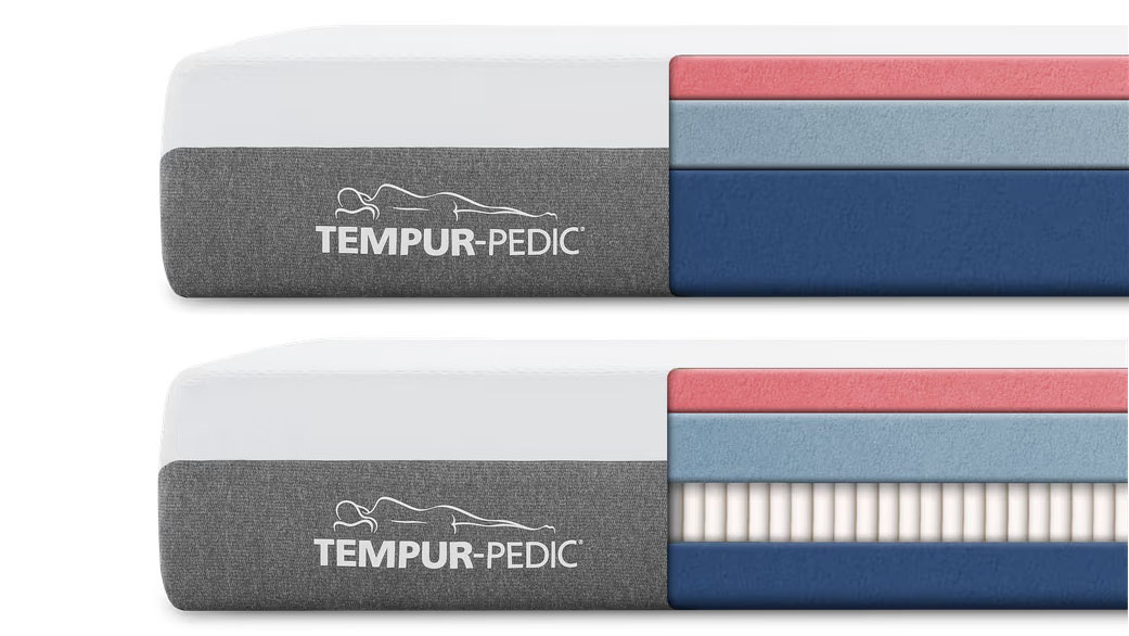 Diagram showing inside the Tempur-Cloud mattress, all-foam and hybrid versions