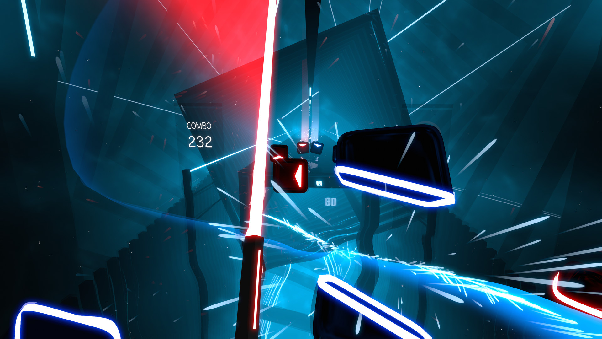 A screenshot from the virtual reality game Beat Saber