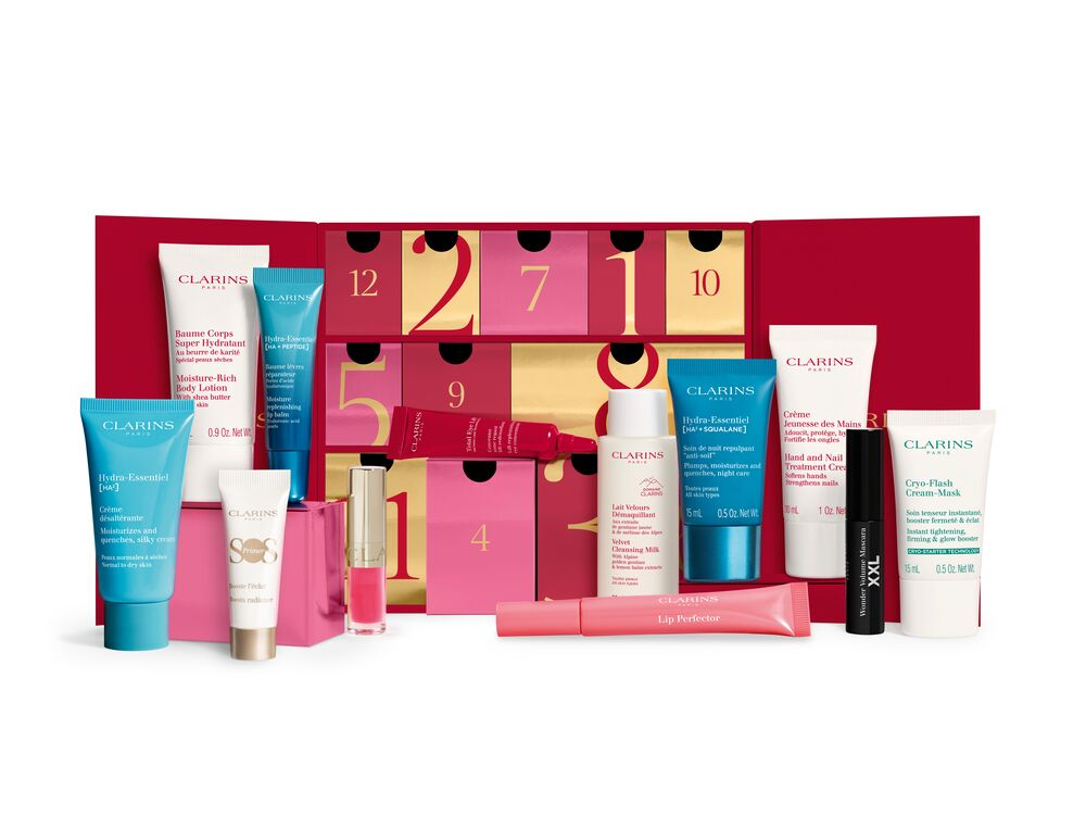 Clarins 12 Day Advent Calendar 2026 with its contents in front