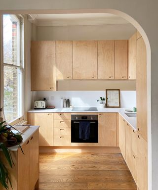 ply small L shaped kitchen with opening into kitchen featuring a curved arch