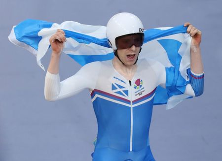 Mark Stewart (Scotland) celebrates his points race win