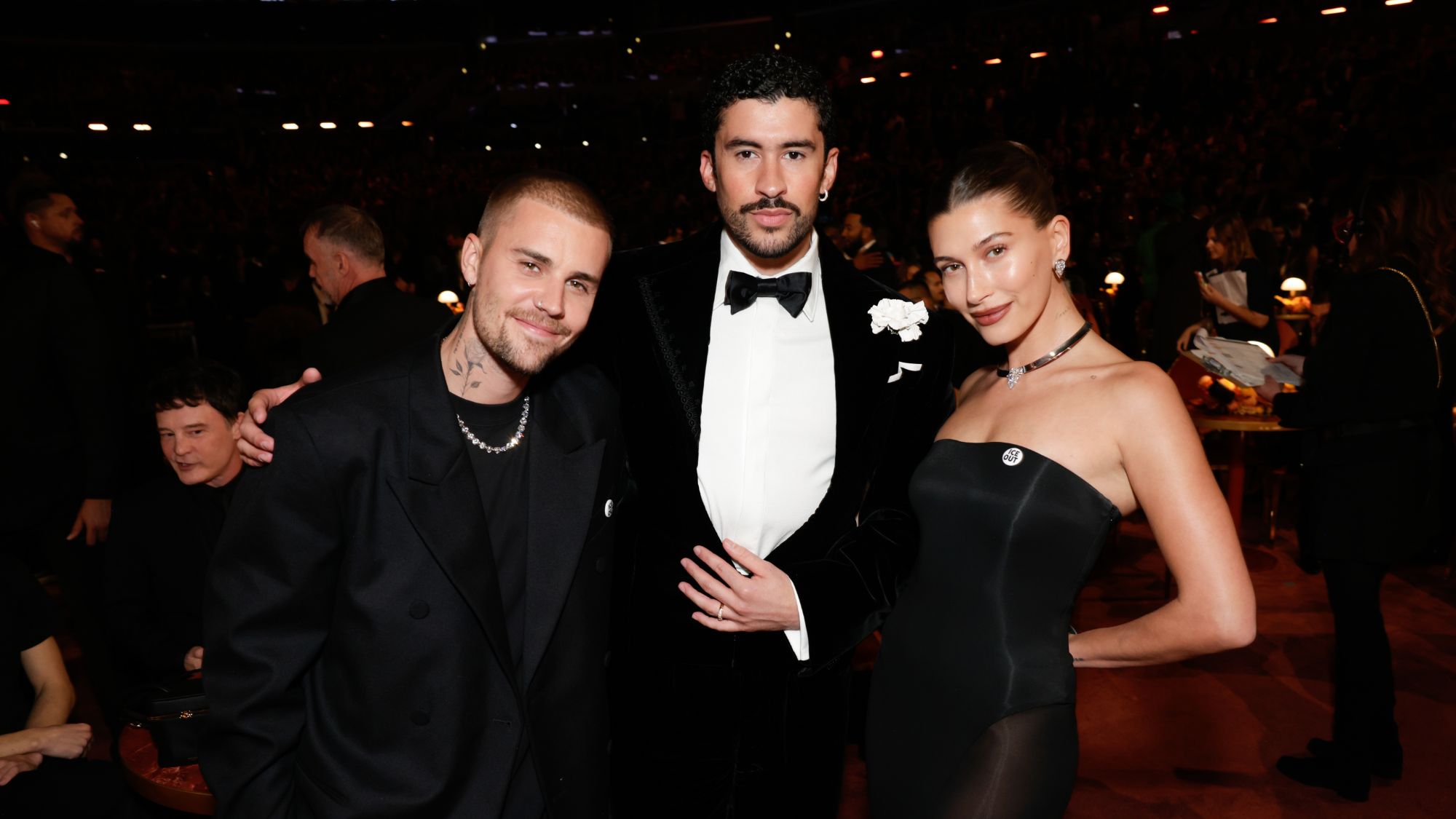 Justin Bieber, Bad Bunny and Hailey Bieber attend the 2026 Grammy Awards