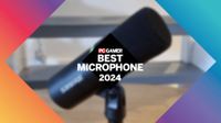 A blurred image of a microphone with a colourful overlay showing the PC Gamer Best Microphone 2024 text.