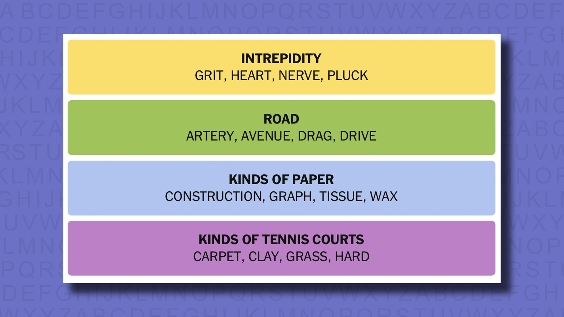 NYT Connections answers for game 555 on a purple background