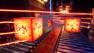 Super Meat Boy 3D gameplay on Switch 2 showing the protagonist, a red cube of meat, running between lasers and blades