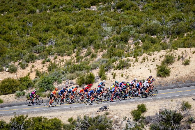 The bunch on a climb during stage 3 of the 2019 Tour of California Women's Race from Santa Clarita to Pasadena