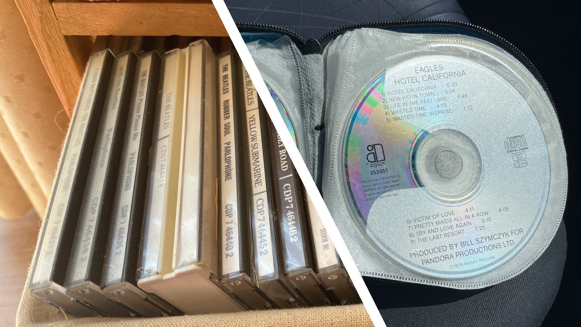 A split screen image showing CDs in their cases on one side and in sleeves in a book on the other