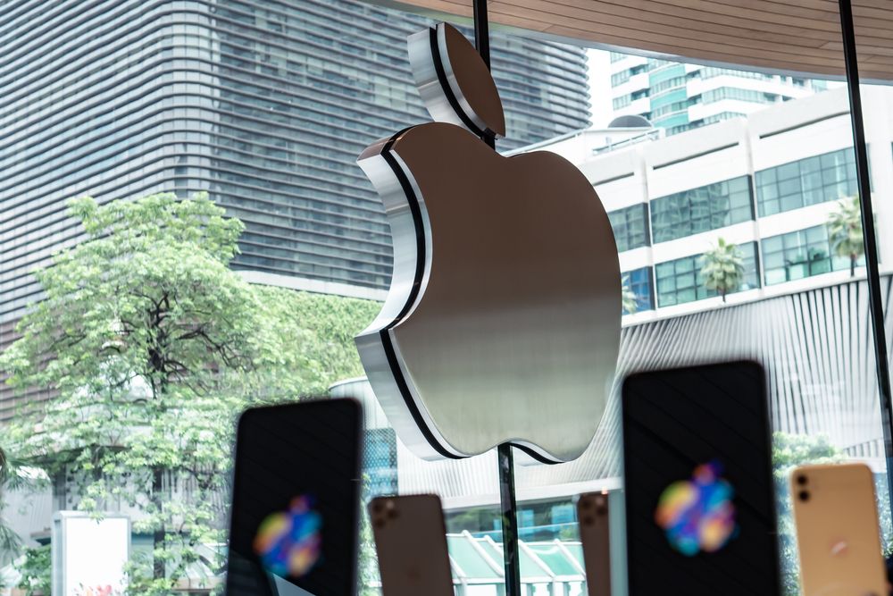 An Apple store with a giant Apple logo