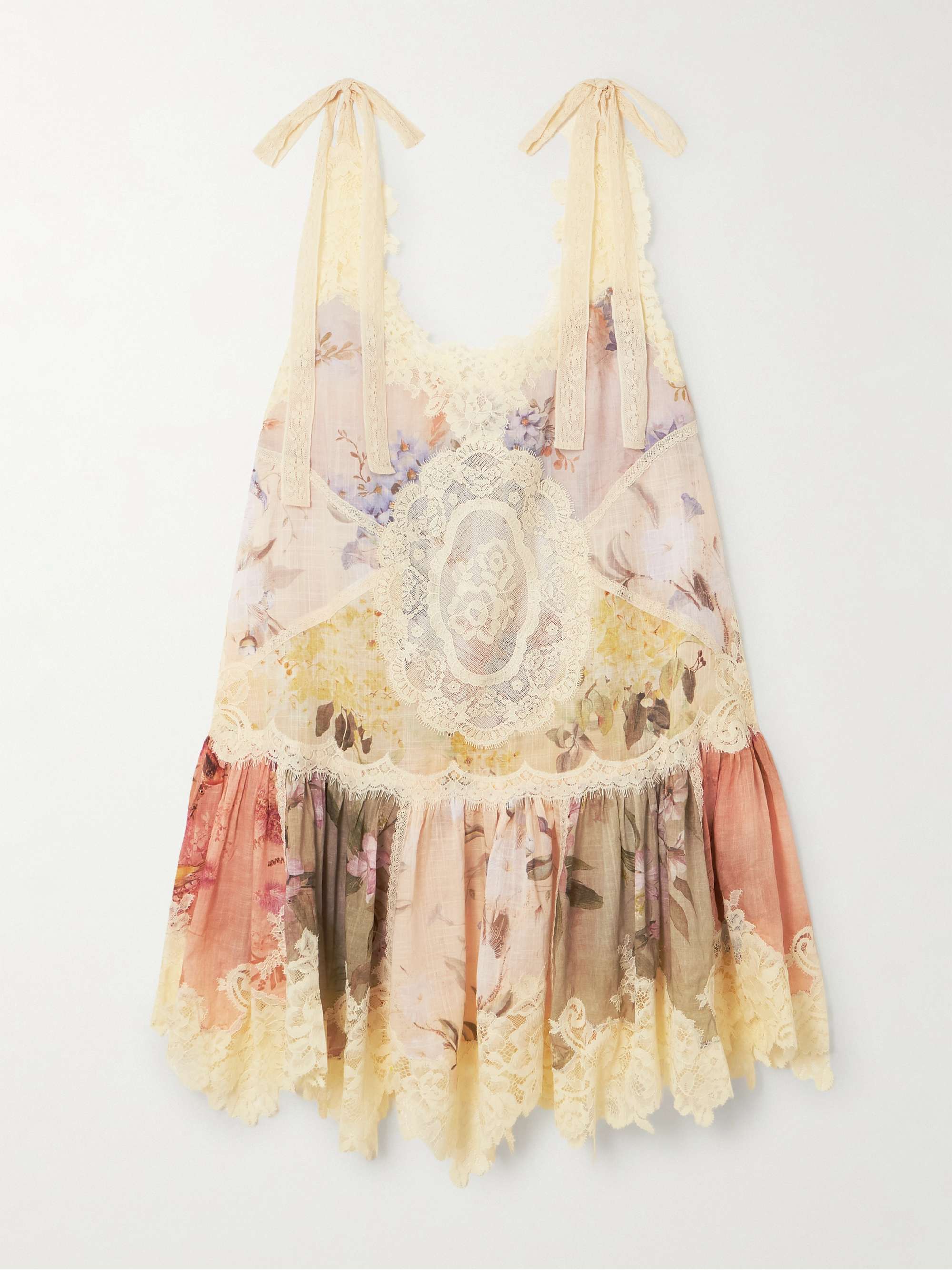 Cascadian Lace-Trimmed Floral-Print Cotton-Gauze Mini Dress