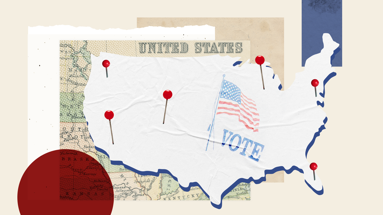 Graphic design illustration art composed of elements including an illustrated map of the United States with 6 pins on different locations on the map and an American flag in printed style that has the text \201cVote\201d next to it. Underneath there is a vintage map of that has the text \201cUNITED STATES\201d