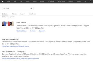 Ein Screenshot des Suchergebnisses auf der Apple Webseite