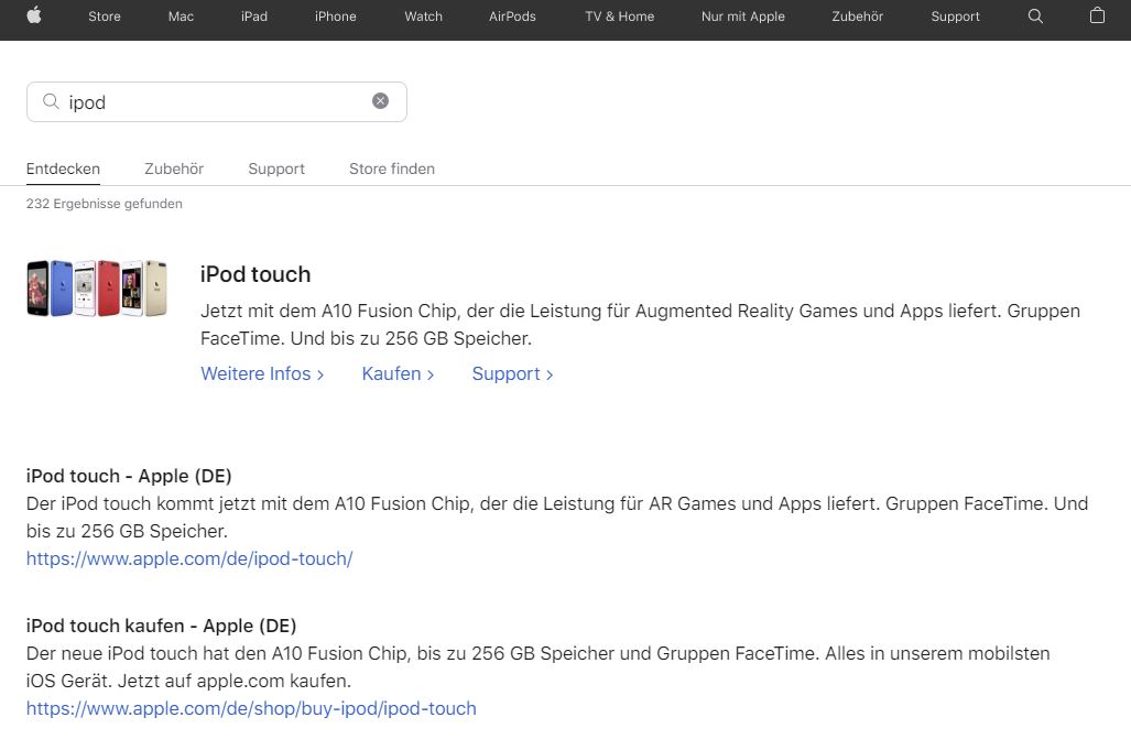 Ein Screenshot des Suchergebnisses auf der Apple Webseite