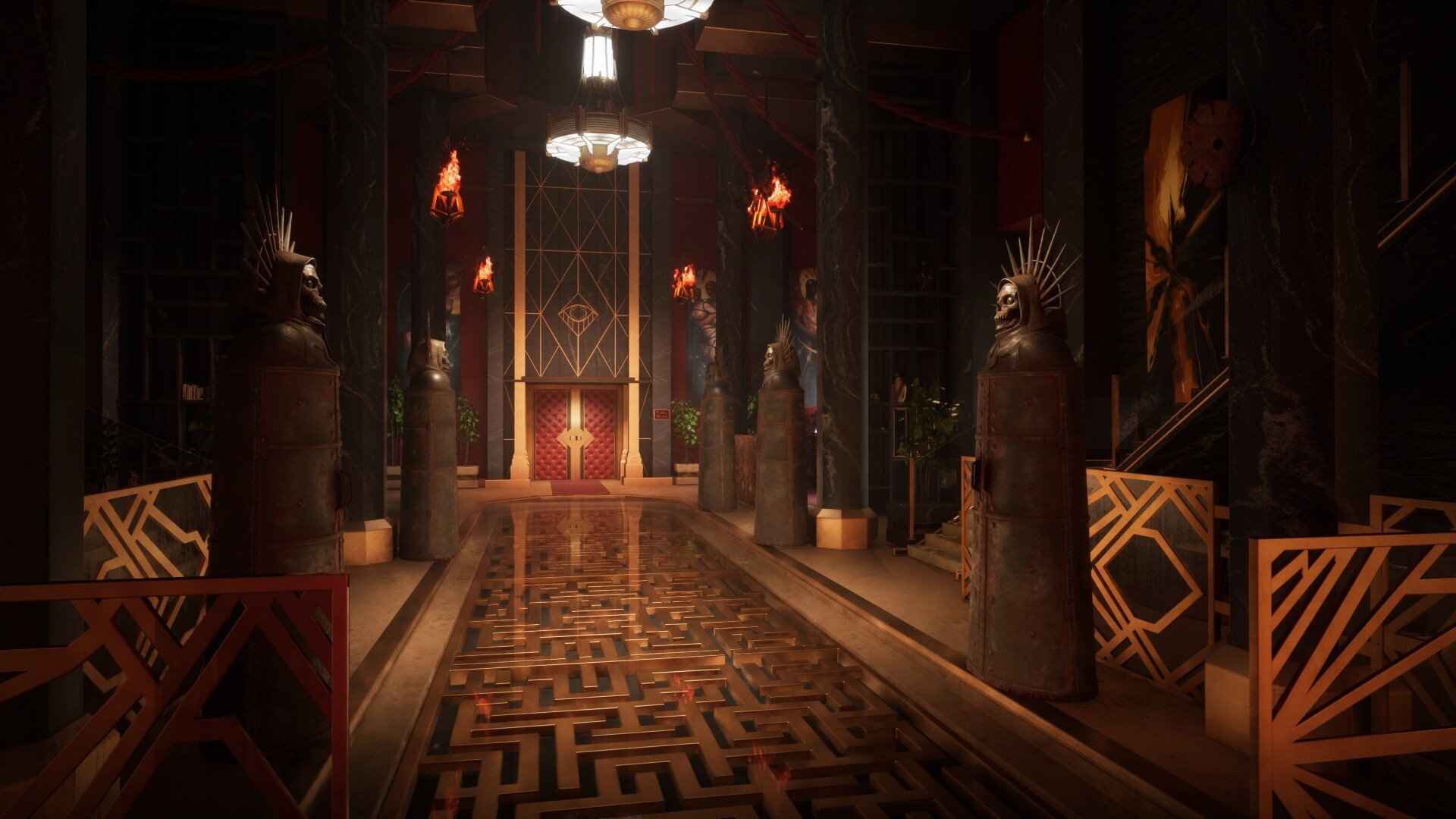 An interior of a building with an art deco design in Clive Barker's Hellraiser: Revival, a maze-like tiled flooring, flaming sconces, and cloaked skull busts