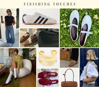 Collage of images showcasing spring accessories like trainers, suede handbags and sandals.