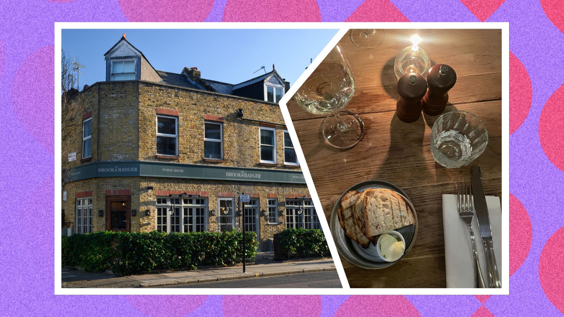 an image of the exterior of the pub spliced with an image of the table with bread
