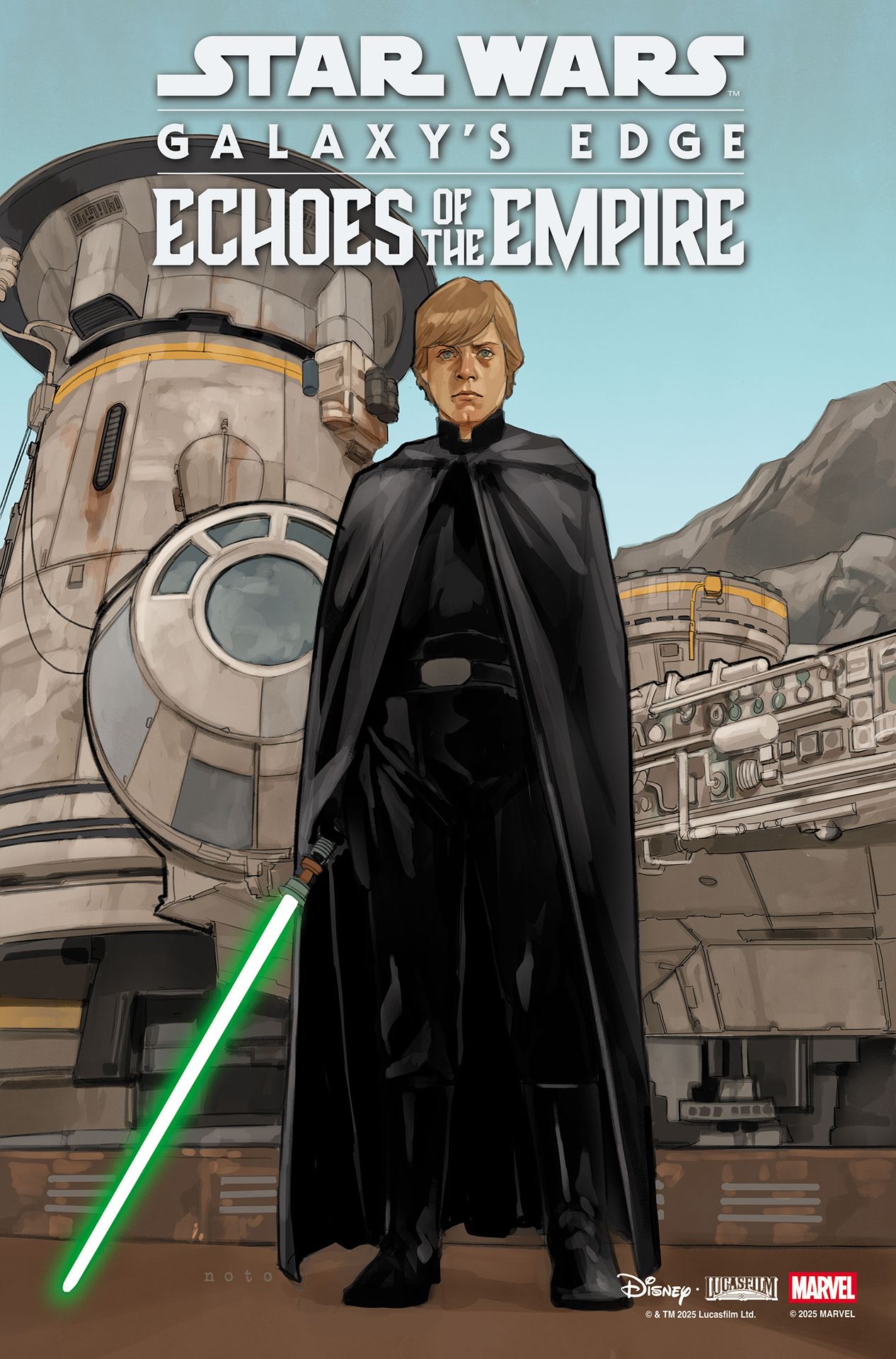 Luke Skywalker in his Return of the Jedi robes brandishing his green lightsaber